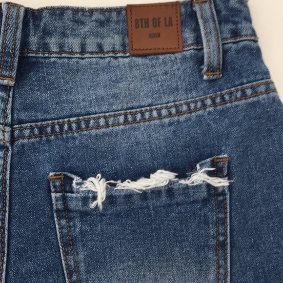 8th of LA High Waisted Jean Denim Shorts Distresse Stripe Trim Ribbon Raw Hem Sm - Picture 7 of 10